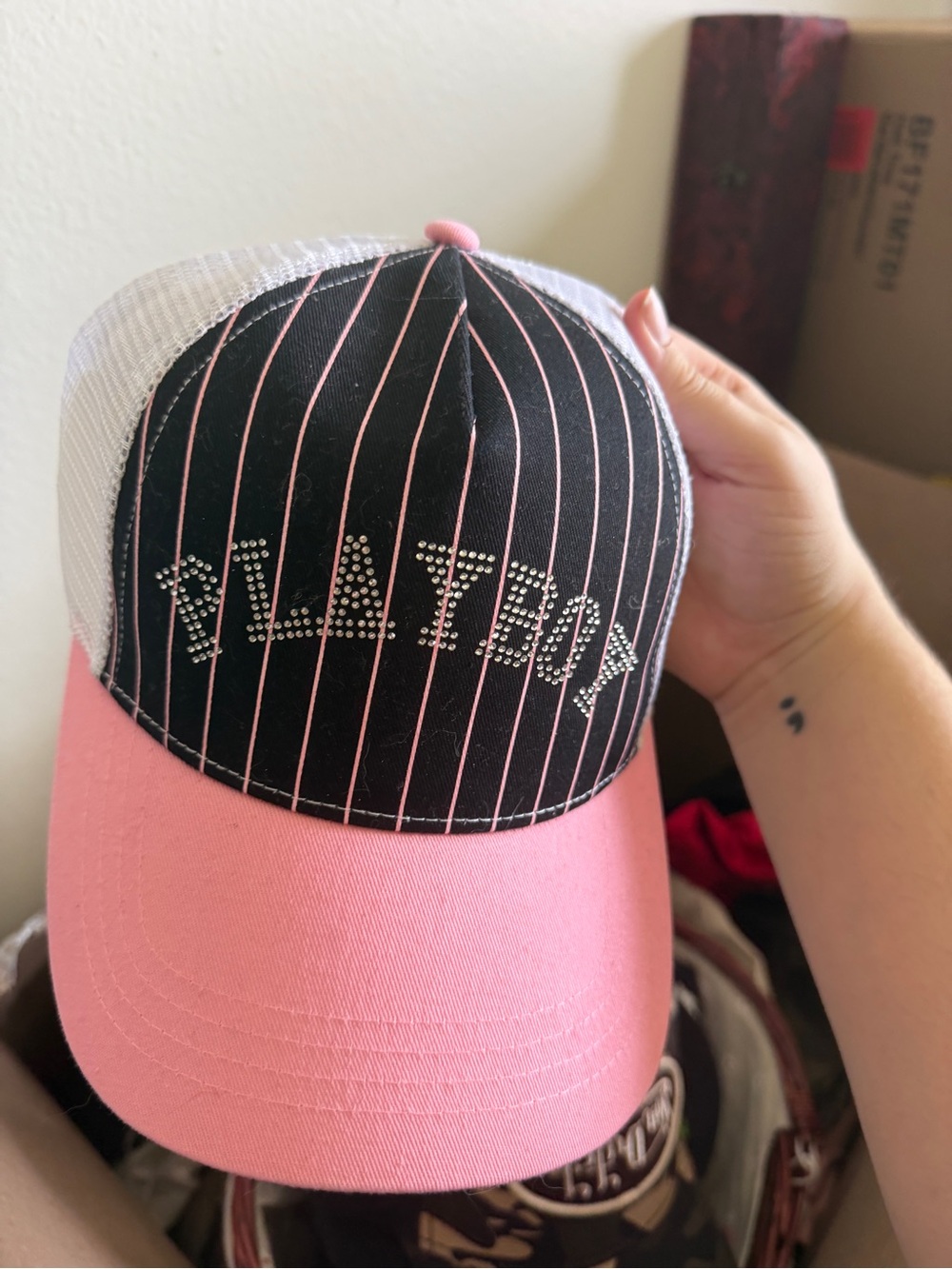 Pink and Black Playboy Rhinestone Trucker Hat